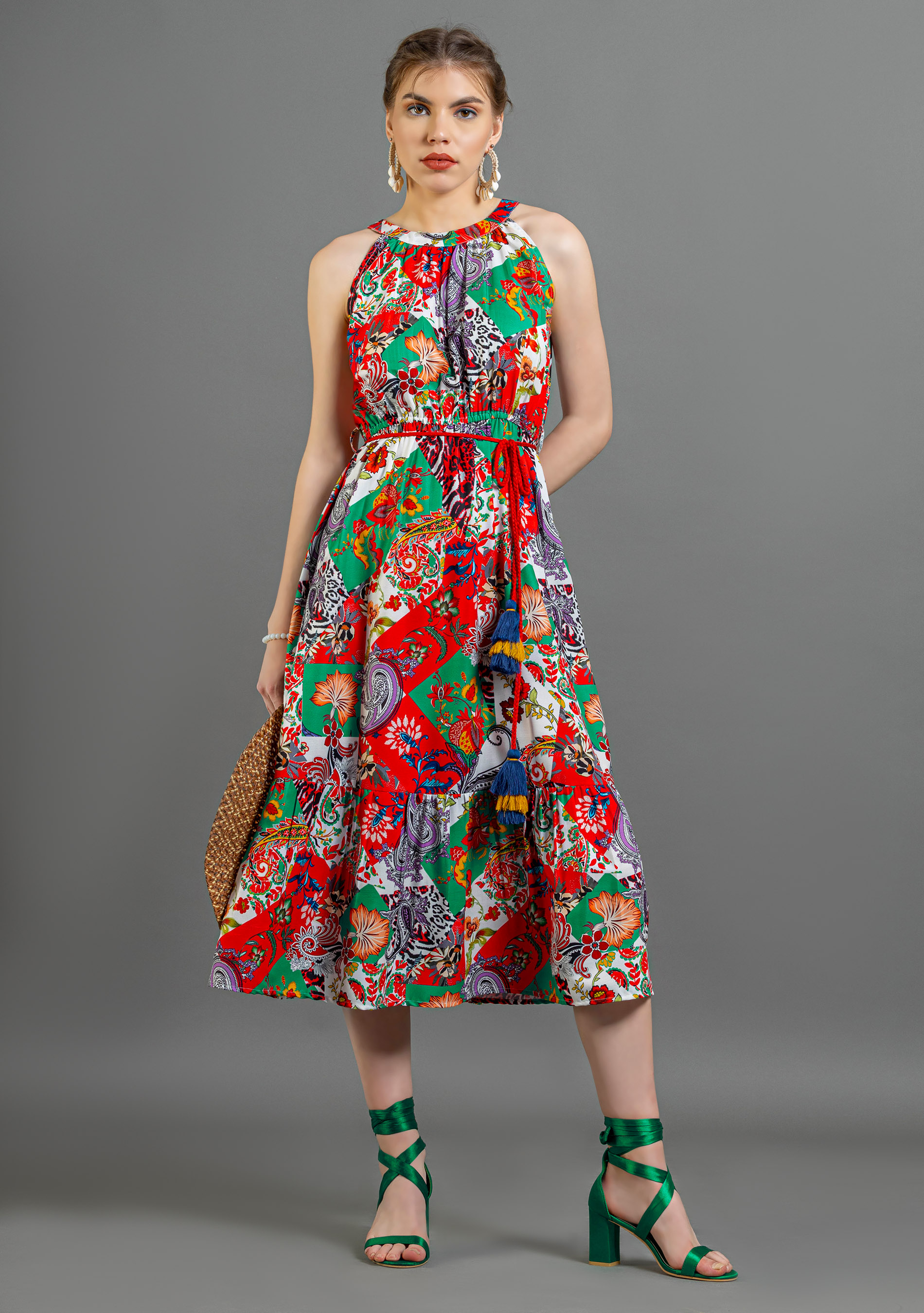 Multi Colour Patch Print Halter Neck Flared Midi Dress - Buy Online in ...