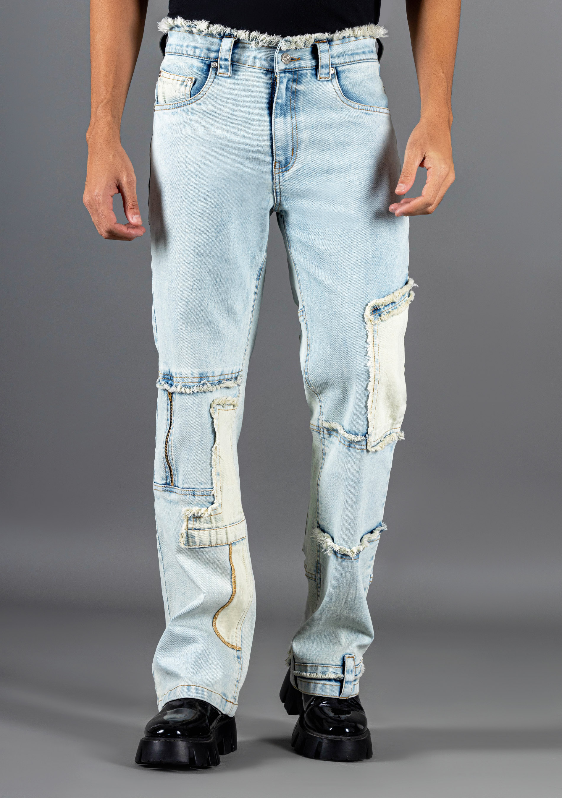 Light Blue Patchwork Wide Leg Men's Jeans - Buy Online in India @ Mehar