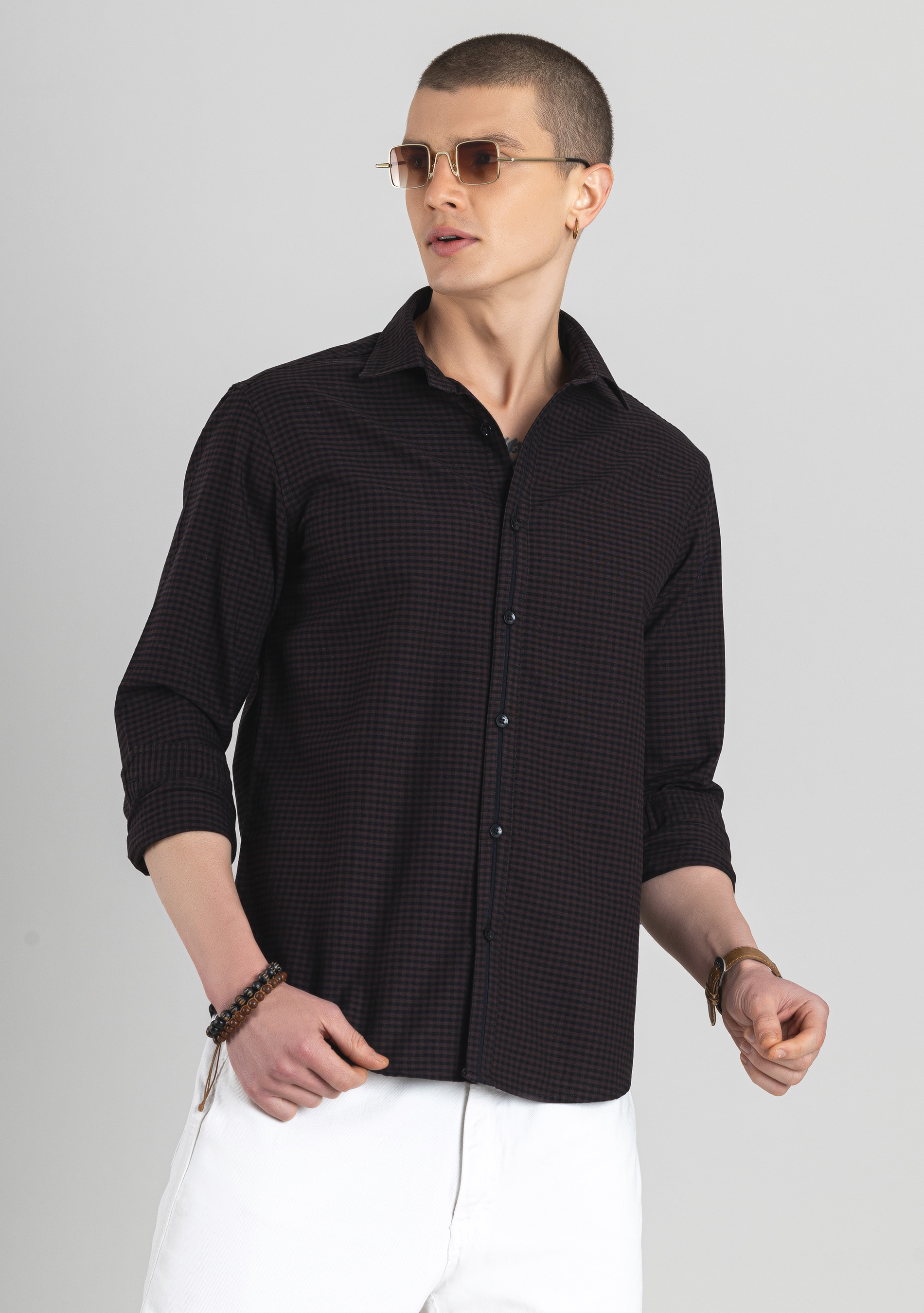 Chocolate Brown And Black Gingham Men's Cotton Check Shirt - Buy Online ...