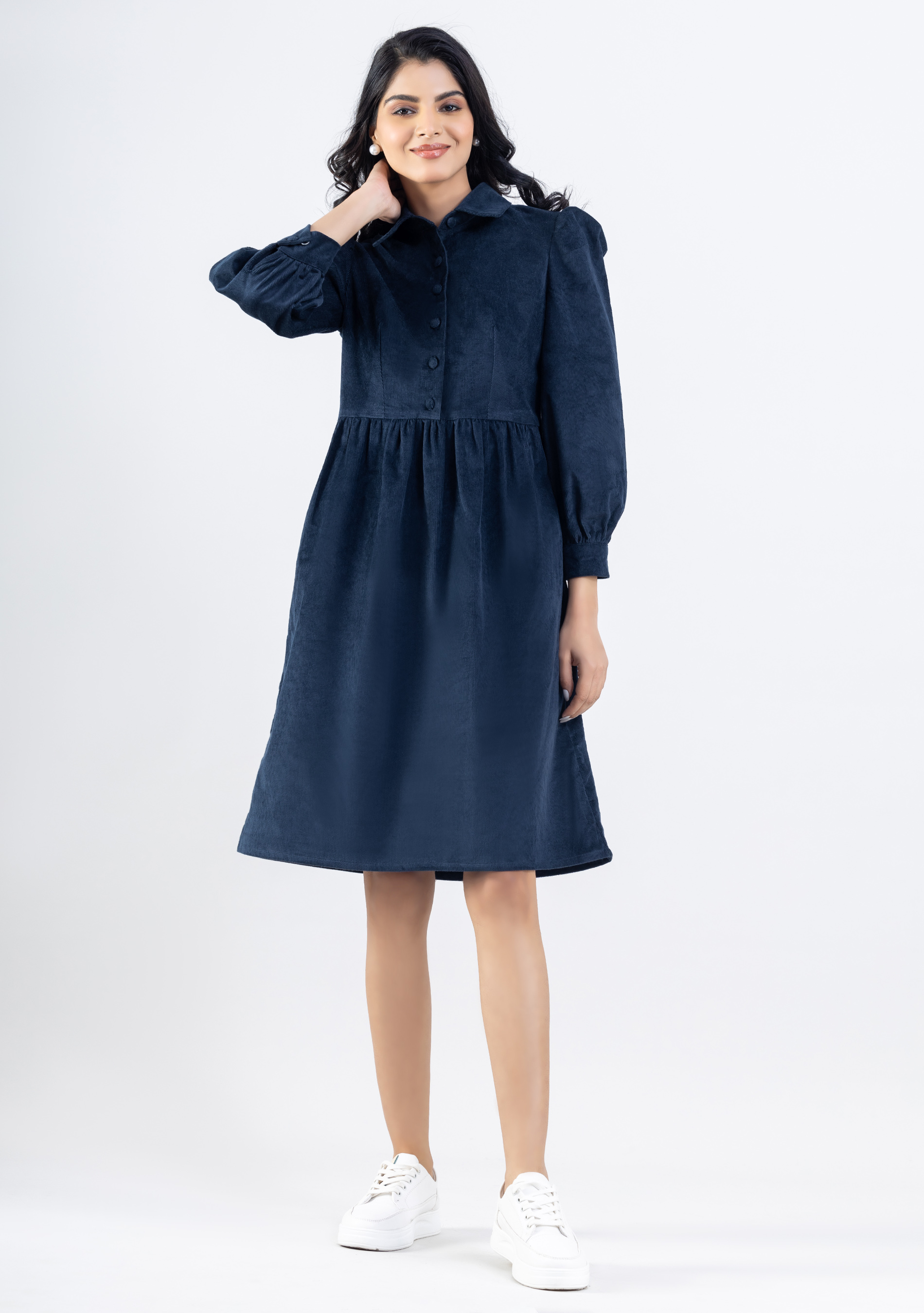 Navy Blue Corduroy Midi Dress Buy Online in India Mehar