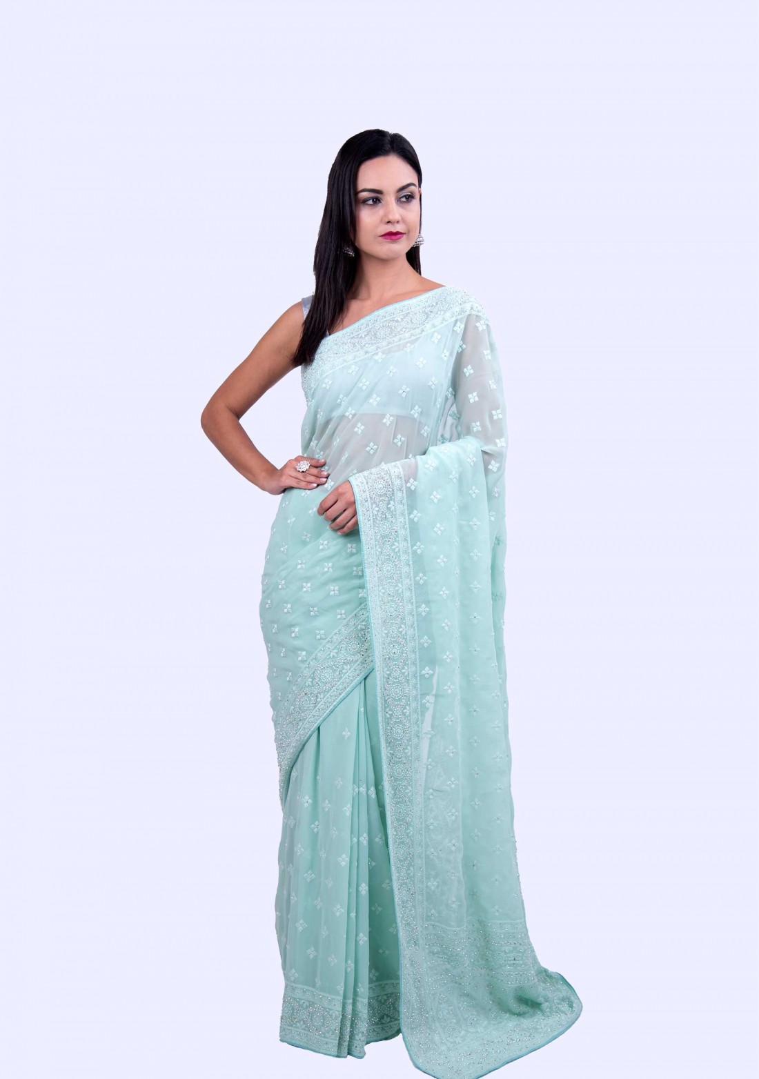 Cyan Blue Designer Satin Silk Saree – Ethnos