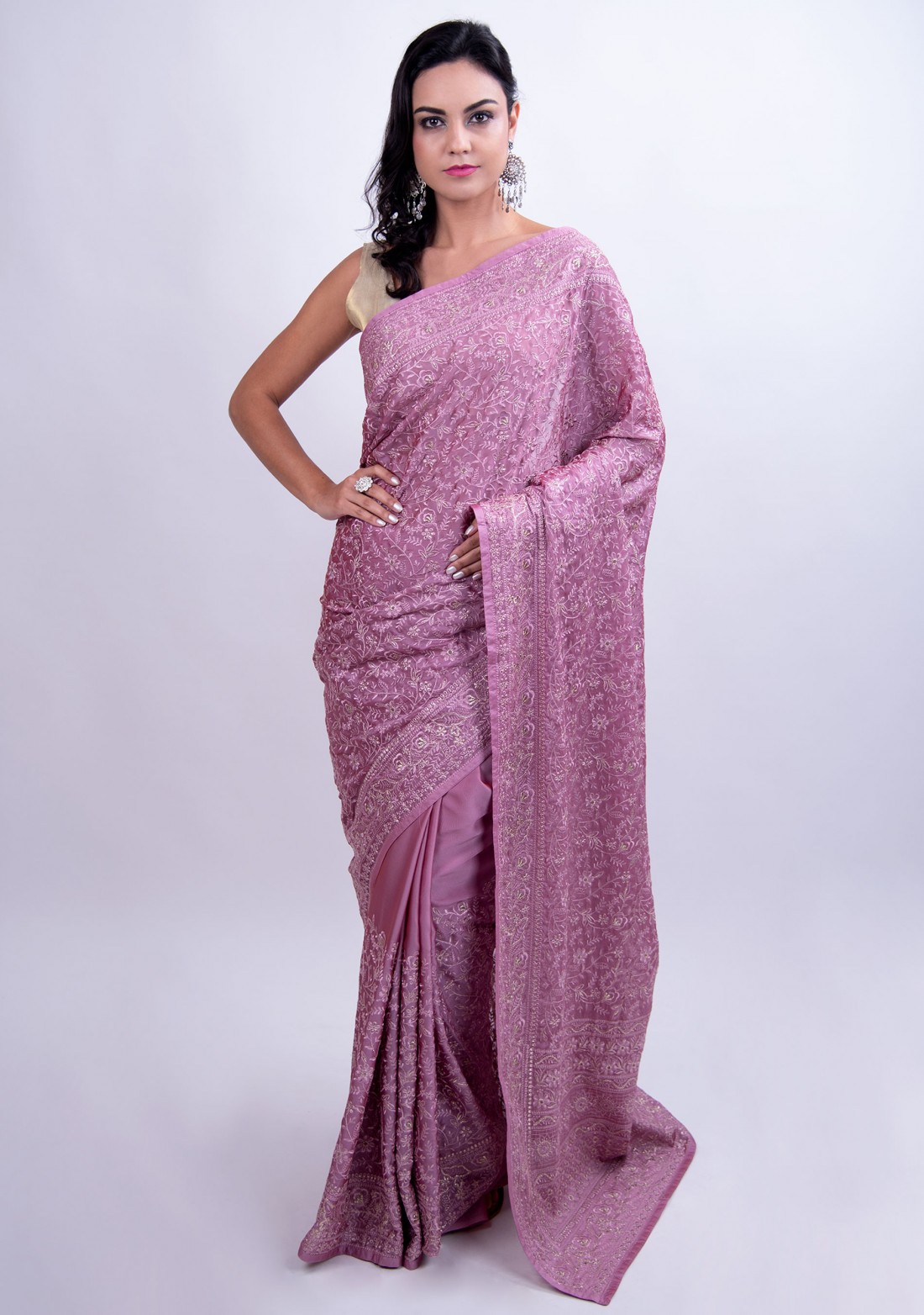 Shop Lavender Georgette Zari Embroidery Work Saree Festive Wear Online at  Best Price | Cbazaar