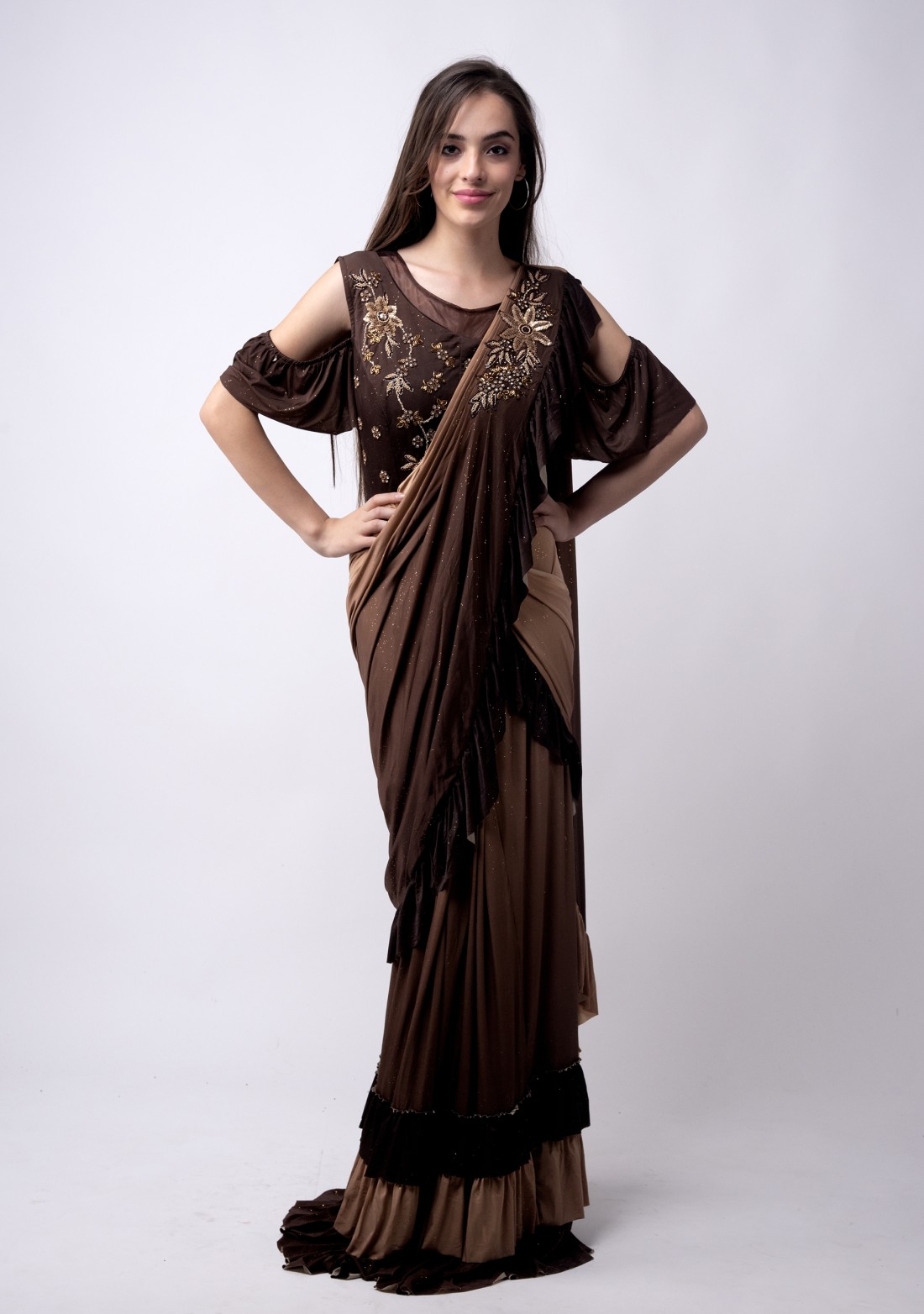 Buy Purple Satin Crepe Sweetheart Neck Pre-draped Saree Gown For Women by  Nitika Kanodia Gupta Online at Aza Fashions.