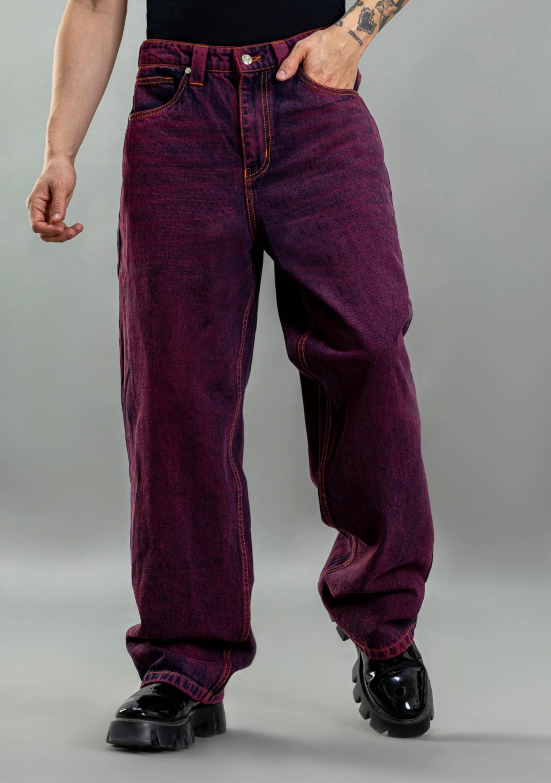 Men's Fashion Solid Color Straight Denim Pants Trousers Mid Waist Stylish  Casual Oversized Loose Wide Leg Jeans Purple