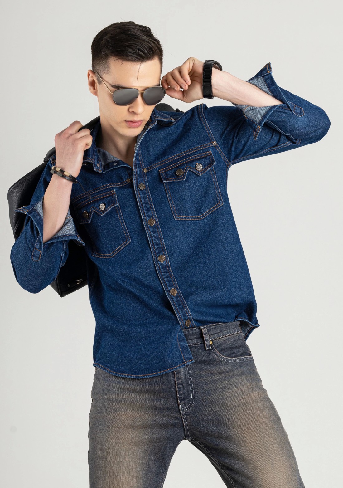 Men Denim Shirt Long Sleeve Jean Top Shirt Cotton Oversized Loose Casual  Classic | eBay