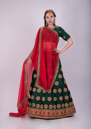 Green Colour Satin Silk Lehenga Pair with Contrast Dupatta