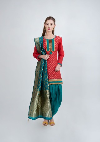 Red and Teal Green  Chanderi Jacquard Salwar Suit