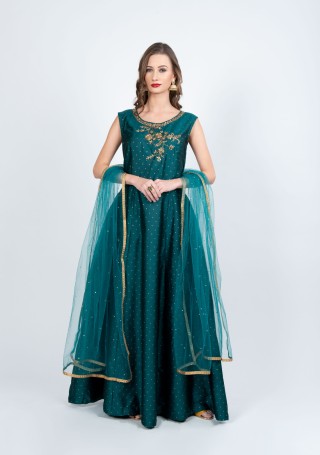 Blue Green Flared Gown with Dupatta