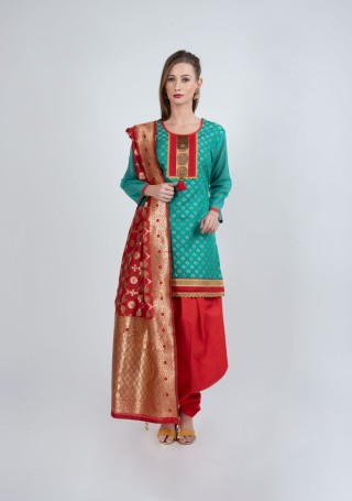 Teal Green and Red Chanderi Jacquard Salwar Suit