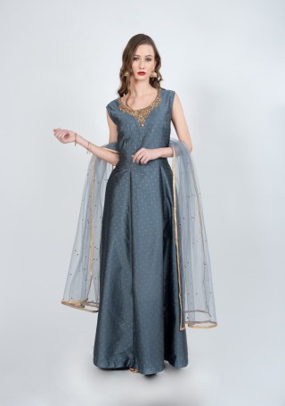 Grey Color Flared Gown with Dupatta