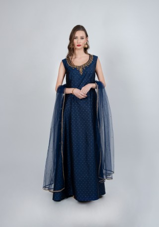 Buy Navy Blue Velvet Flared Gown With Net Dupatta Online