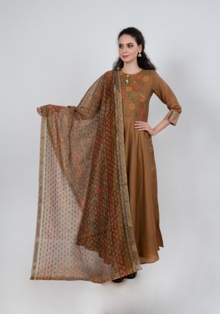 Golden Brown Tussar Silk Gown with Dupatta