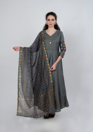 Tussar Silk Grey Gown with Dupatta