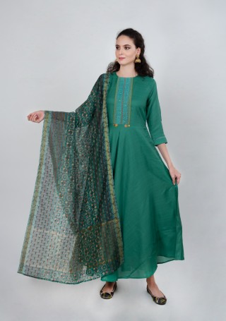 Tussar Silk Green Gown with Jacquard Dupatta