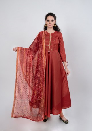 Scarlet Red Tussar Silk Gown with Dupatta