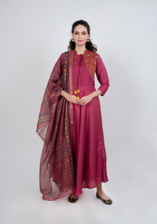 Pinkish-Purple Tussar Silk Gown with Dupatta