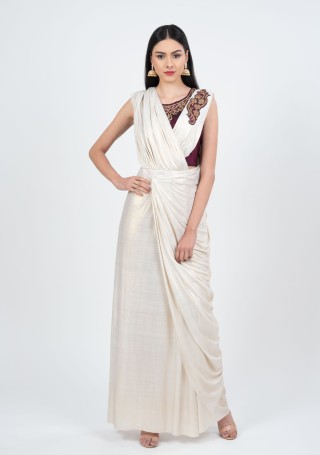 Ivory Pre-Stitched Lycra Saree with Embroidered Silk Blouse