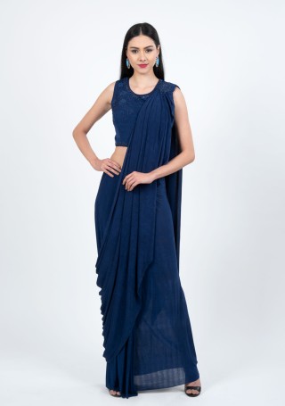 Deep Blue Pre-Stitched Saree with Embroidered Blouse