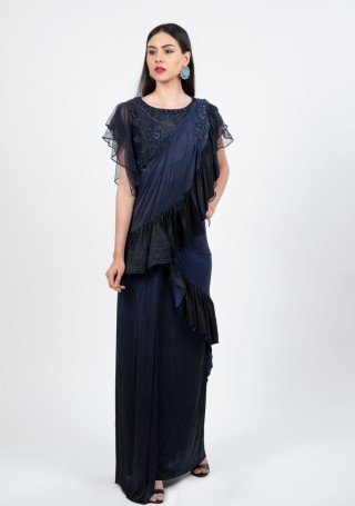 Navy Blue Lycra Pre-Stitched Fancy Ruffled Saree