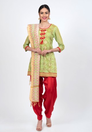 Pale Green and Red Patiala Salwar Suit Set
