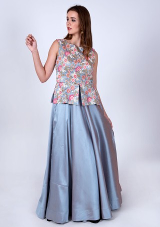 Blue-Grey Color Embroidered Gown