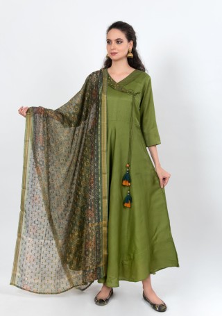 Handcrafted Green Silk Gown with Dupatta