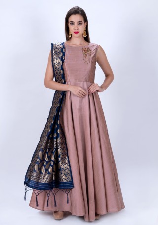 Dusty pink Flared Gown with Contrast Dupatta