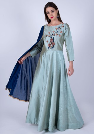 Turquoise Blue Color Gown with attached  Dupatta
