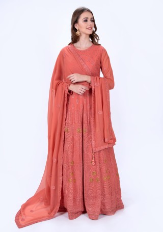 Coral Color Embroidered Gown
