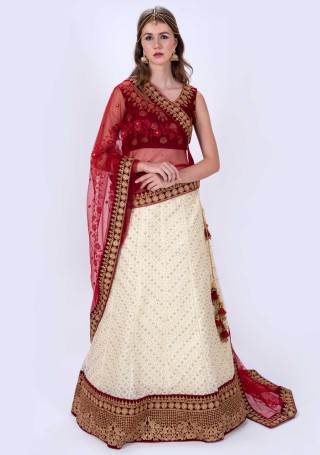 Buy Cream N Red Banarasi Silk Zari Work Umbrella Lehenga Choli Festive Wear  Online at Best Price | Cbazaar