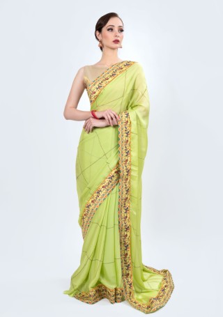 Checked Digital Printed  Lemon Green Saree with Semi-Stitched Blouse Piece