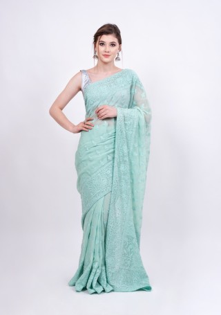 Thread Embroidered Mint Green Georgette Saree with Stone Embellishment