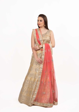 Beige Satin Embroidered Lehenga with Foil Mirror Work