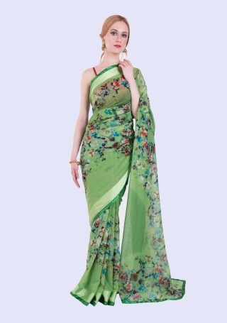 Green Light Weight Cotton Satin Floral Printed Gorgeous Saree