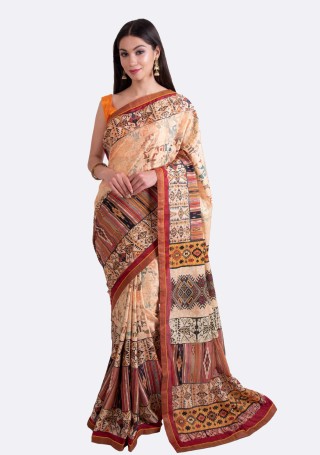 Beige Multi-Color Silk Digital Printed Traditional Saree