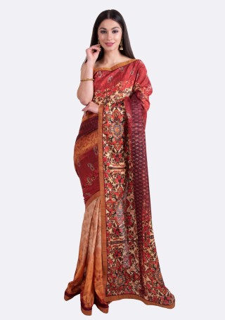 Beige Maroon Multi-Color Silk Digital Printed Traditional Saree