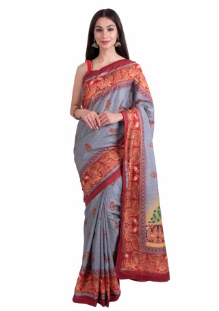 Grey-Red Multi-Color Silk Digital Printed Traditional Saree
