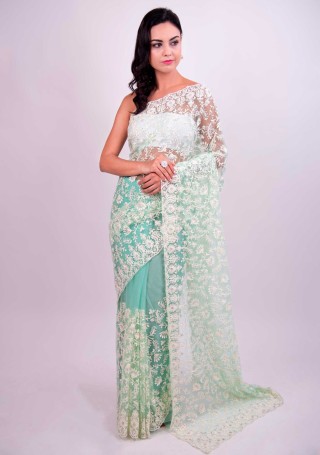Mint Green Heavy Border Embroidered Net Saree