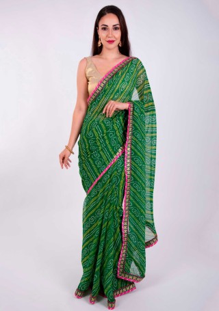 Green Georgette Bandhej Print Saree With Foil Work