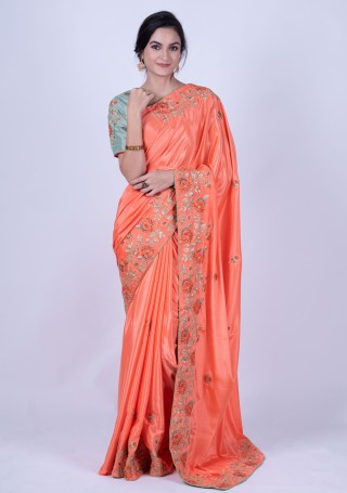 Coral Heavy Border Embroidered Saree with Semi-stitched Blouse