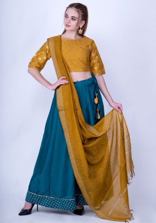 Mustard Poly Silk Top with Skirt and Dupatta