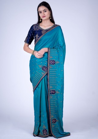 Blue Self Textured Silk Saree with Embroidered Border