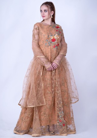 Light Brown Heavy Embroidered Glamorous Gown with Dupatta
