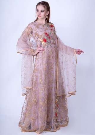 Dusty Pink Heavy Embroidered Glamorous Gown with Dupatta