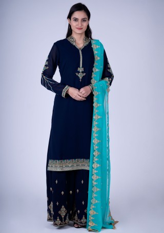 Navy Blue Georgette Embroidered Kurta With Palazzo and Dupatta