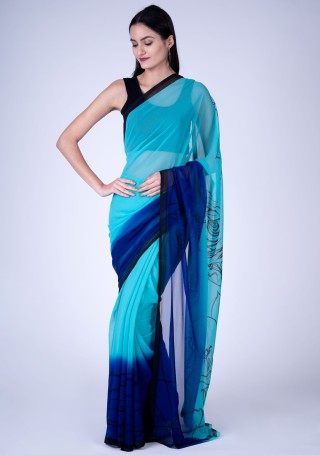 Blue Fine Georgette Digital Abstract Printed Saree