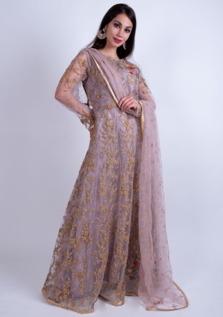 Mauve Heavy Embroidered Glamorous Gown with Dupatta