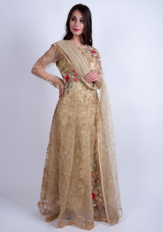 Pistachio Gold Heavy Embroidered Glamorous Gown with Dupatta