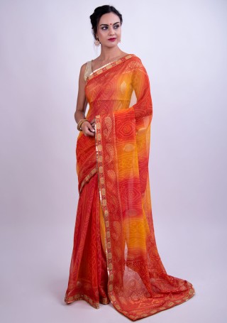 Coral and Yellow Bandhej Foil Printed Georgette Saree