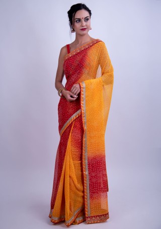 Yellow and Red Bandhej Foil Printed Georgette Saree